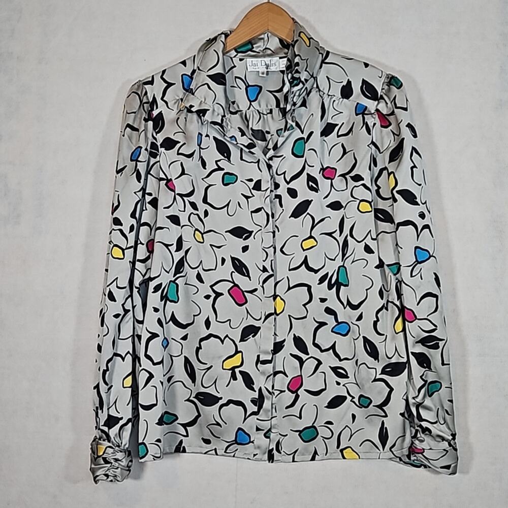 Vintage 80s Jai Dalis Grey Mulitcolor Floral Hidden Button Blouse